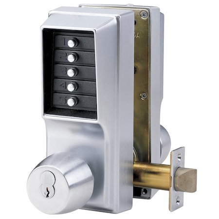 Dormakaba Cylindrical Knob Lock, Combination or Key Override Entry, Combination Exit Only, 2-3/4-in Backset, 1 EE1021S/EE1011-26D-41